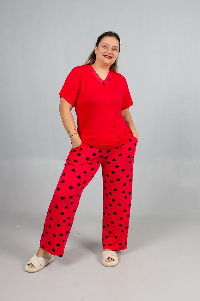 Büyük Beden Kalp Desenli Viskon Pijama Takım