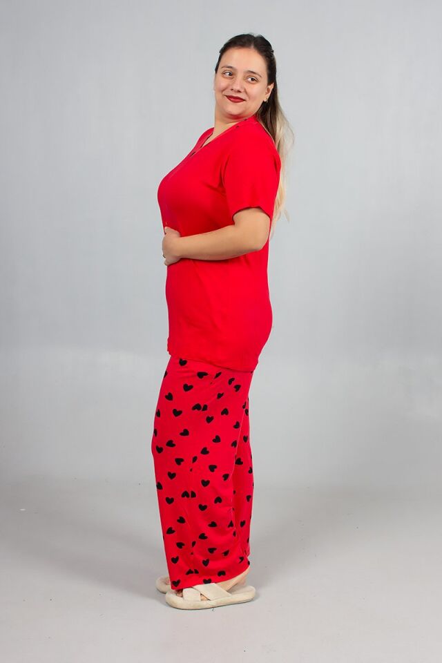 Büyük Beden Kalp Desenli Viskon Pijama Takım