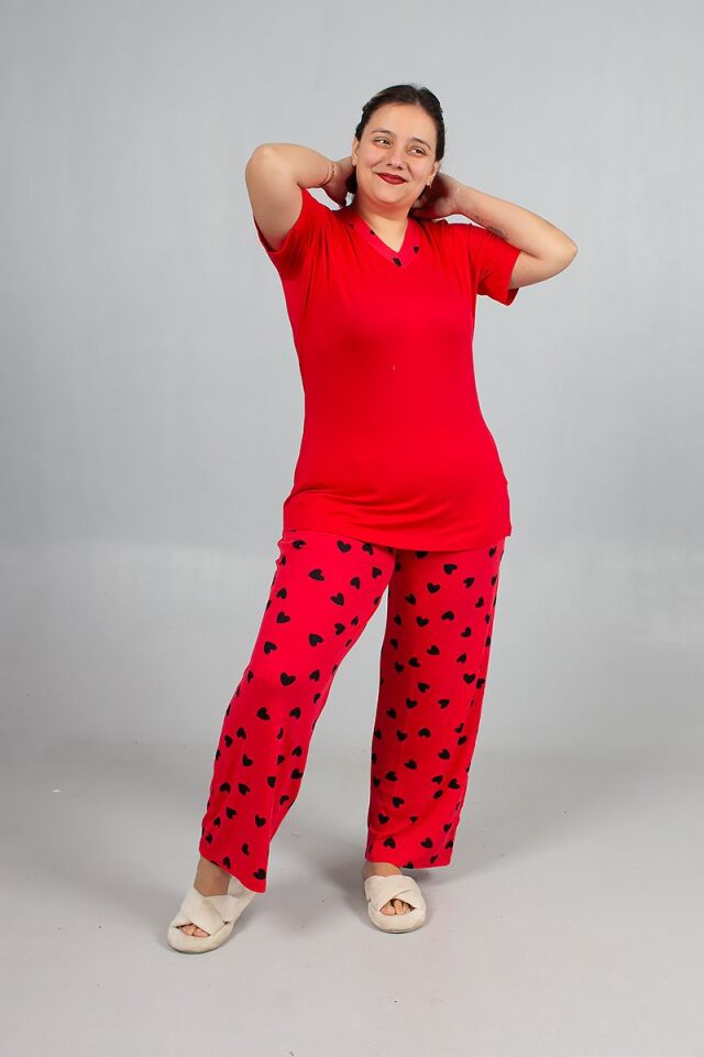 Büyük Beden Kalp Desenli Viskon Pijama Takım