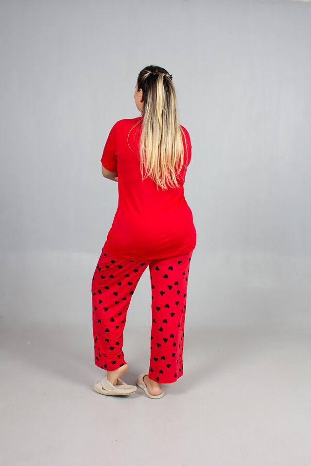 Büyük Beden Kalp Desenli Viskon Pijama Takım