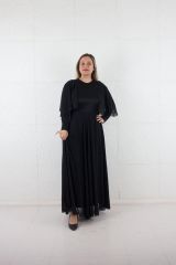 Büyük Beden Sim Detaylı Tül Kol Uzun Abiye Elbise Siyah Elb629