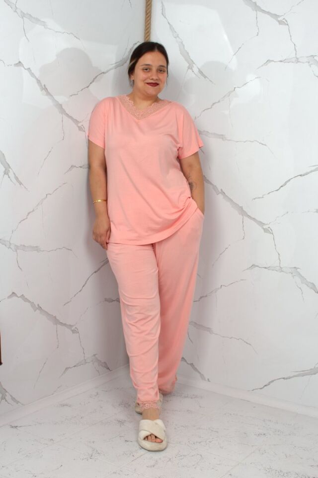 Büyük Beden Dantelli Viskon Pijama Takımı Pudra