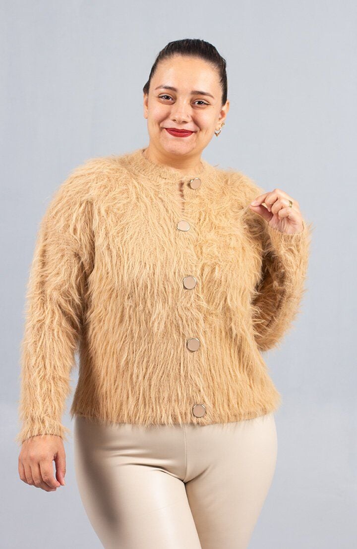 Camel Sakallı Triko Hırka – Yumuşak Dokulu Kadın Hırka