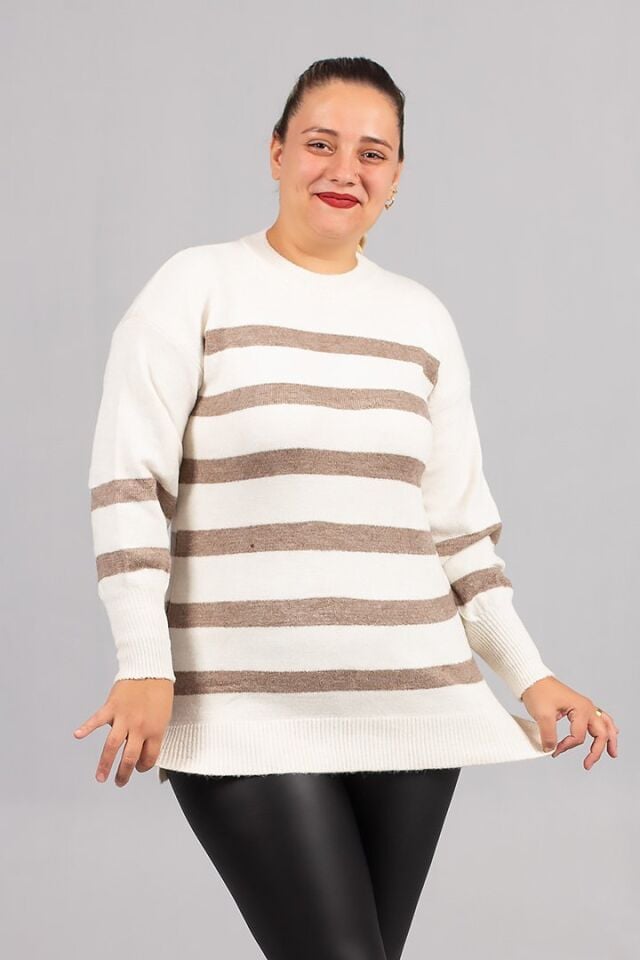 Büyük Beden Sakallı Triko Kazak -Standart 40/46 Beden Yan Çizgili Yumuşak Dokulu Triko)