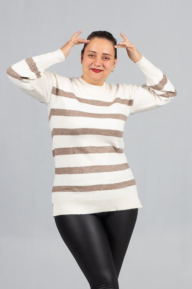 Büyük Beden Sakallı Triko Kazak -Standart 40/46 Beden Yan Çizgili Yumuşak Dokulu Triko)