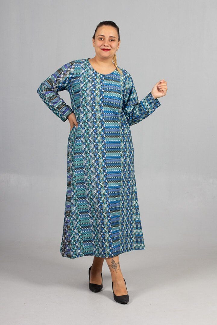 Sıcak Tutan Kalın Penye Büyük Beden Desenli Elbiseler