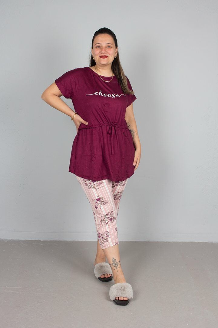 Büyük beden Kapri üst Belden Büzgülü Pijama Takım