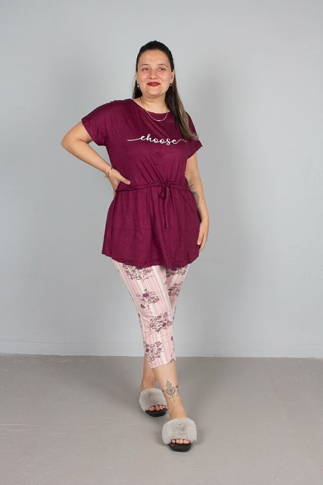 Büyük beden Kapri üst Belden Büzgülü Pijama Takım