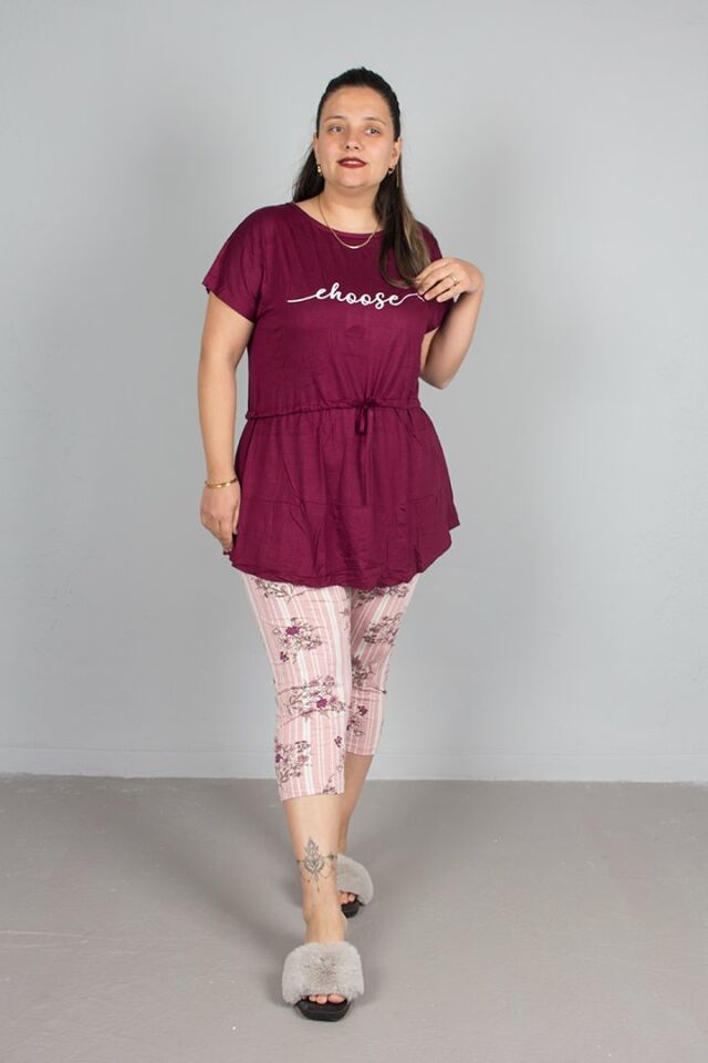 Büyük beden Kapri üst Belden Büzgülü Pijama Takım