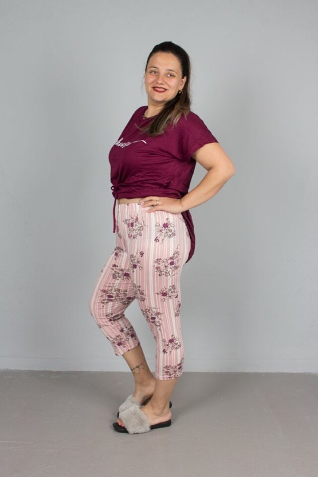 Büyük beden Kapri üst Belden Büzgülü Pijama Takım
