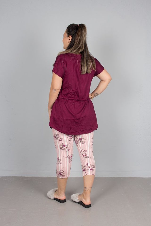 Büyük beden Kapri üst Belden Büzgülü Pijama Takım
