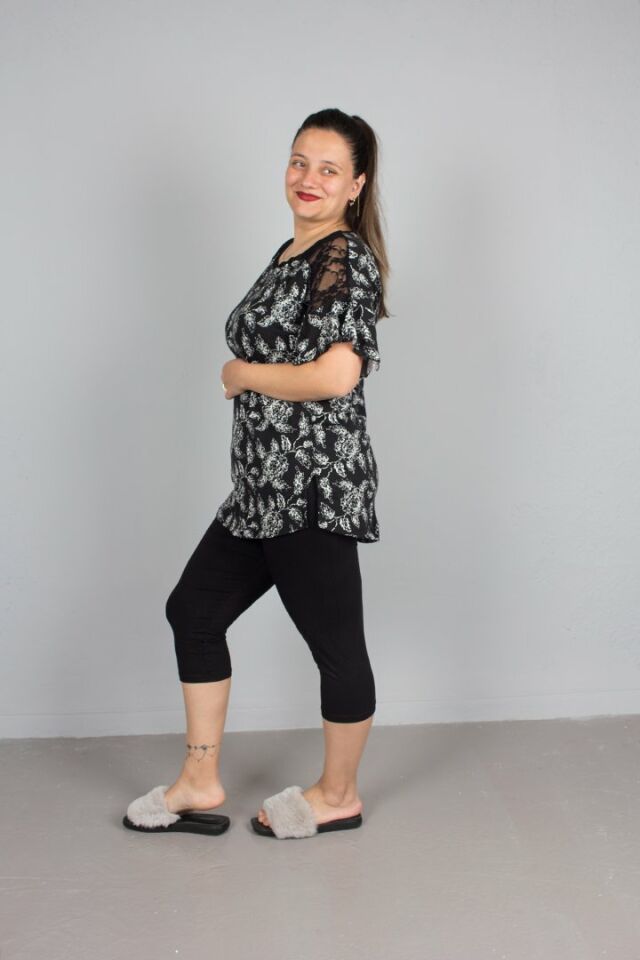 Büyük Beden Omuz Dantel Detaylı Kapri Pijama Takımı