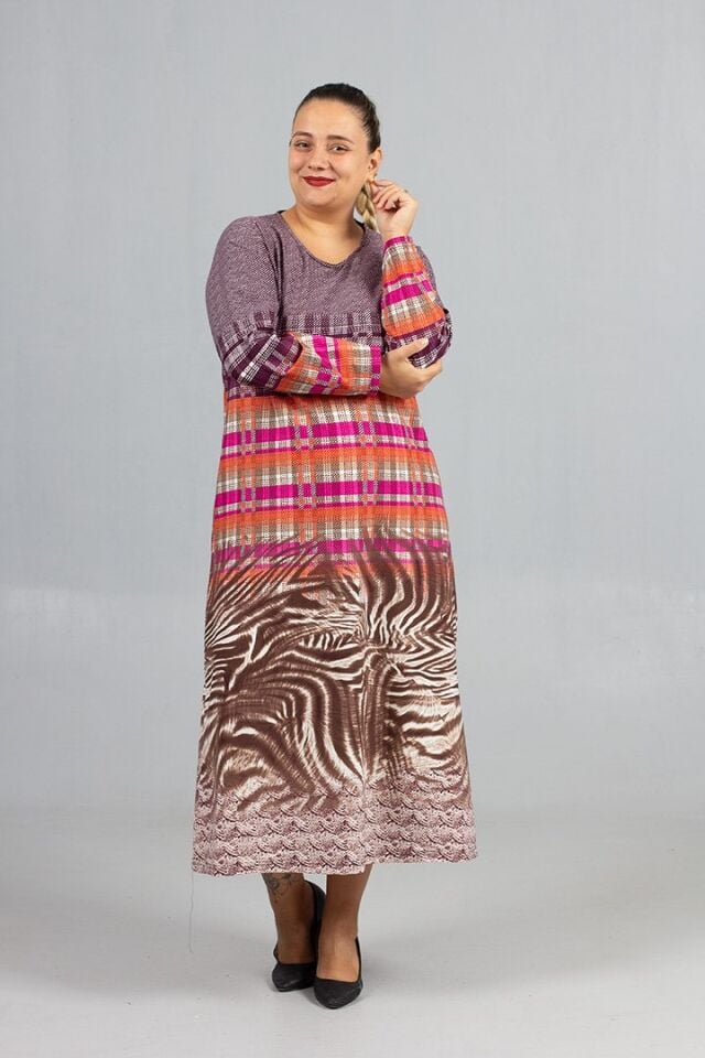 Desenli Pamuklu Kalın Penye Büyük Beden Elbise Modelleri