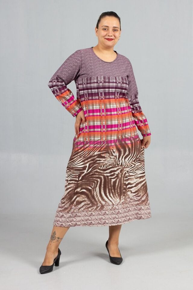 Desenli Pamuklu Kalın Penye Büyük Beden Elbise Modelleri