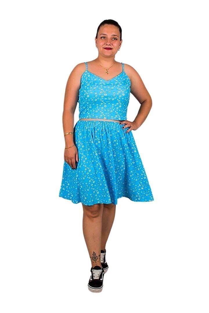 Büyük Beden Mavi Arkası Büzgülü Crop Etek Takımı