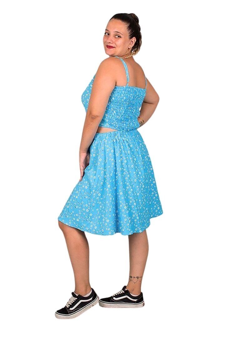 Büyük Beden Mavi Arkası Büzgülü Crop Etek Takımı