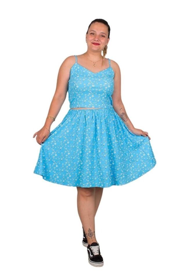 Büyük Beden Mavi Arkası Büzgülü Crop Etek Takımı