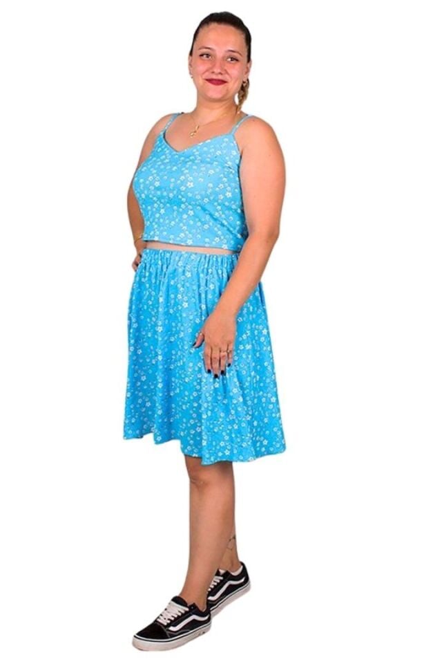 Büyük Beden Mavi Arkası Büzgülü Crop Etek Takımı