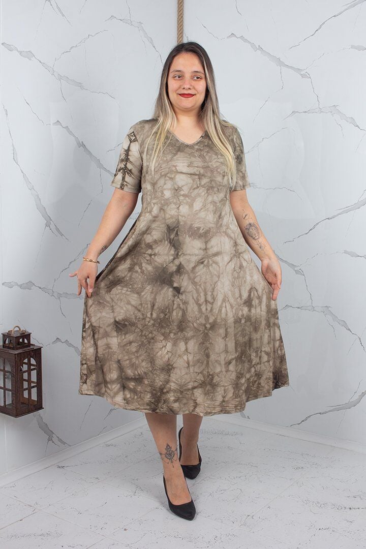Haki Batik Desenli Kristal Viskon Penye Elbise