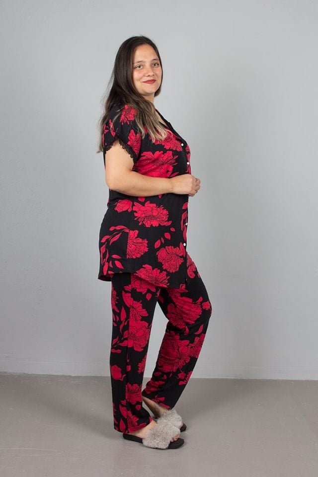 Büyük Beden Düğmeli Çiçek Desenli Pijama Takım