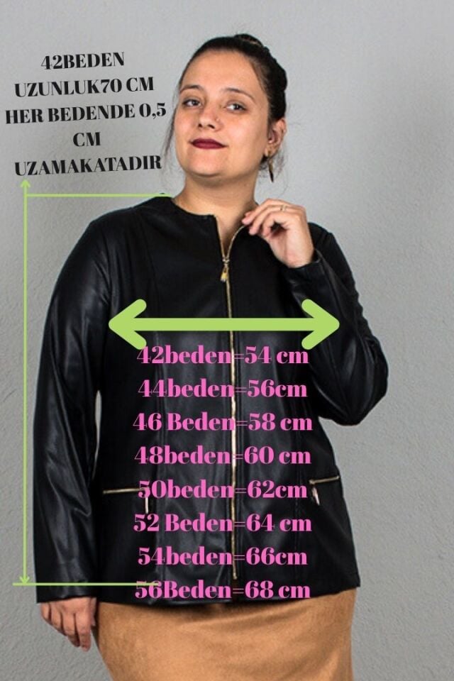 Büyük Beden Likralı Suni Deri İçi Süet Mont Siyah