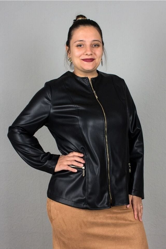 Büyük Beden Likralı Suni Deri İçi Süet Mont Siyah