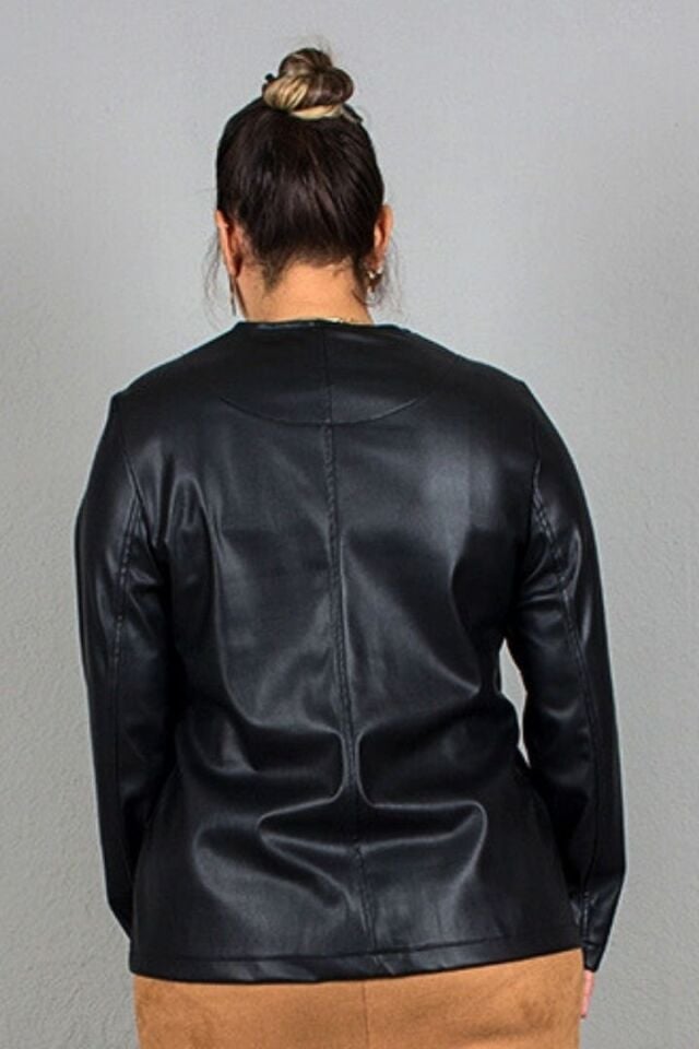 Büyük Beden Likralı Suni Deri İçi Süet Mont Siyah