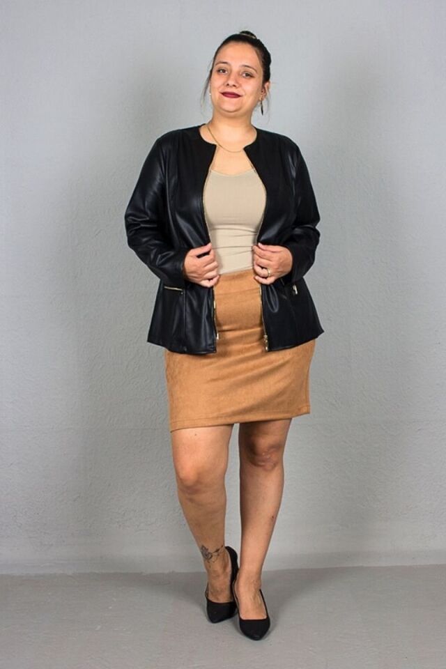 Büyük Beden Likralı Suni Deri İçi Süet Mont Siyah