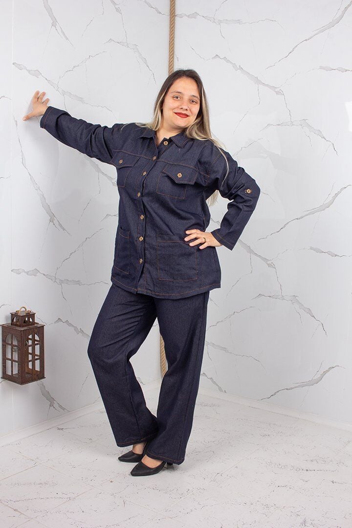 Büyük Beden Kuşaklı Lacivert Kot Takım