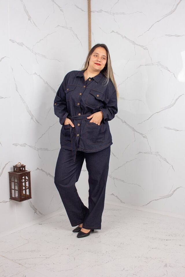 Büyük Beden Kuşaklı Lacivert Kot Takım