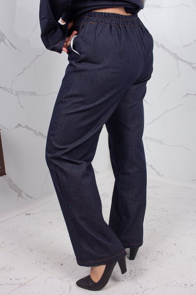 Büyük Beden Kuşaklı Lacivert Kot Takım