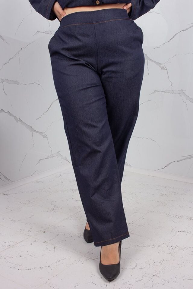 Büyük Beden Kuşaklı Lacivert Kot Takım