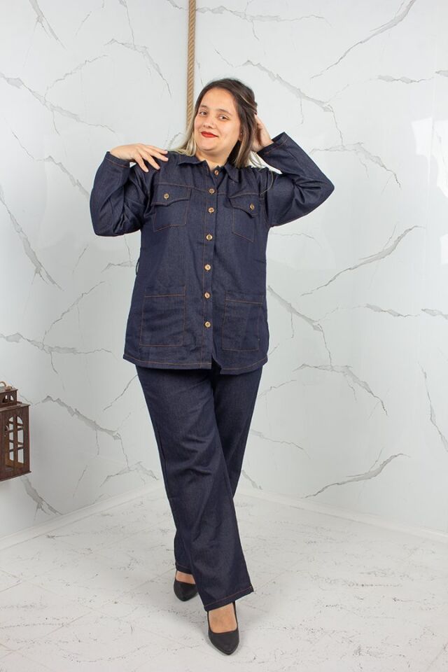 Büyük Beden Kuşaklı Lacivert Kot Takım