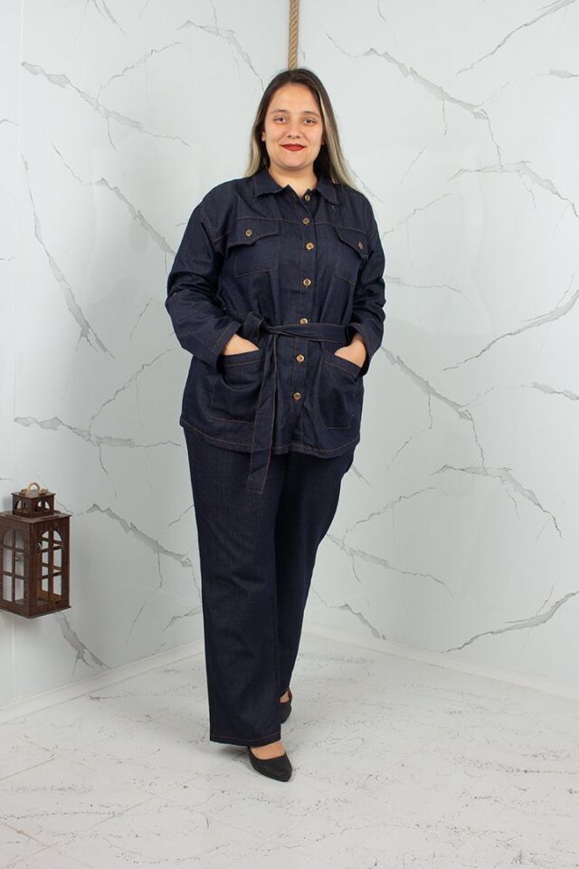 Büyük Beden Kuşaklı Lacivert Kot Takım