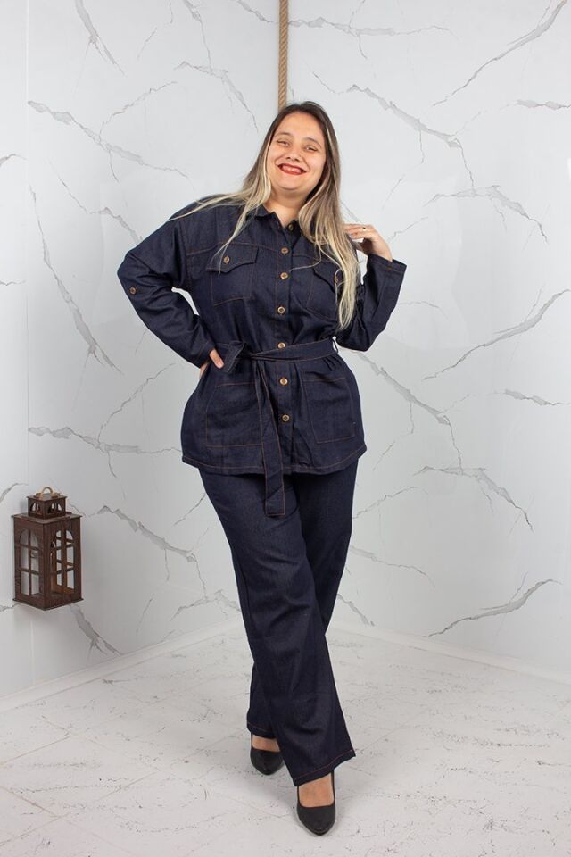 Büyük Beden Kuşaklı Lacivert Kot Takım