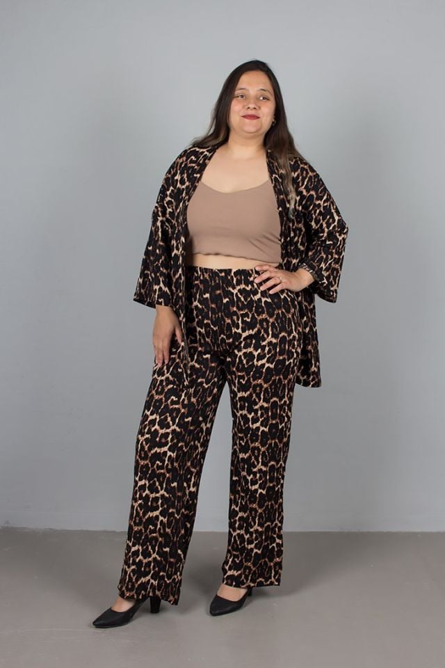 Büyük Beden Crep Leopar Ceket Pantolon Kimona Takım