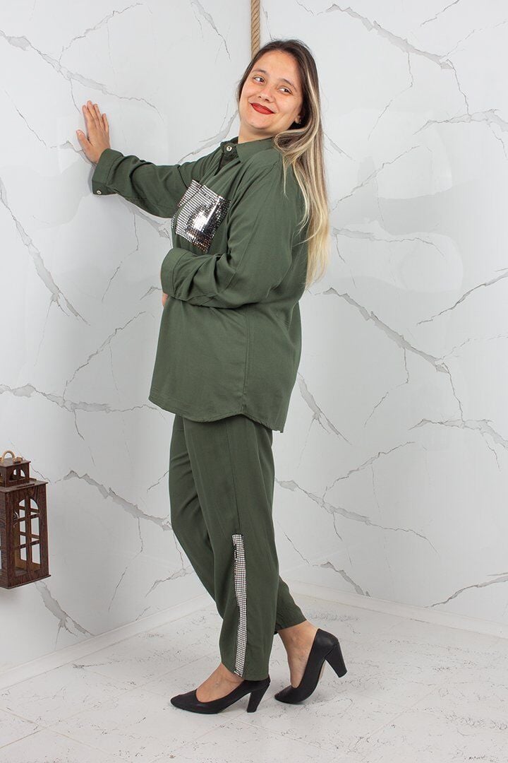 Büyük Beden Payetli Viskon Gömlek Pantolon Takım Haki Yeşil