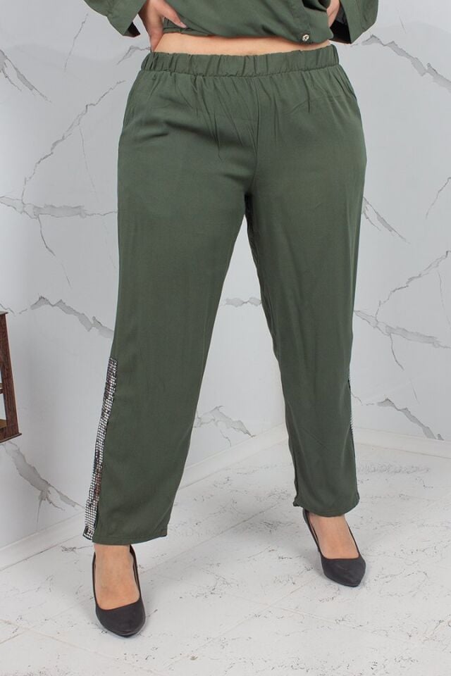 Büyük Beden Payetli Viskon Gömlek Pantolon Takım Haki Yeşil