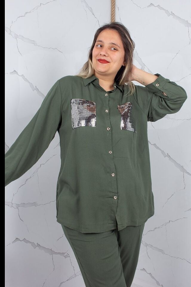 Büyük Beden Payetli Viskon Gömlek Pantolon Takım Haki Yeşil