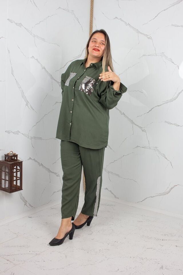 Büyük Beden Payetli Viskon Gömlek Pantolon Takım Haki Yeşil
