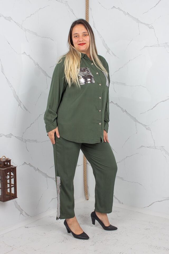 Büyük Beden Payetli Viskon Gömlek Pantolon Takım Haki Yeşil