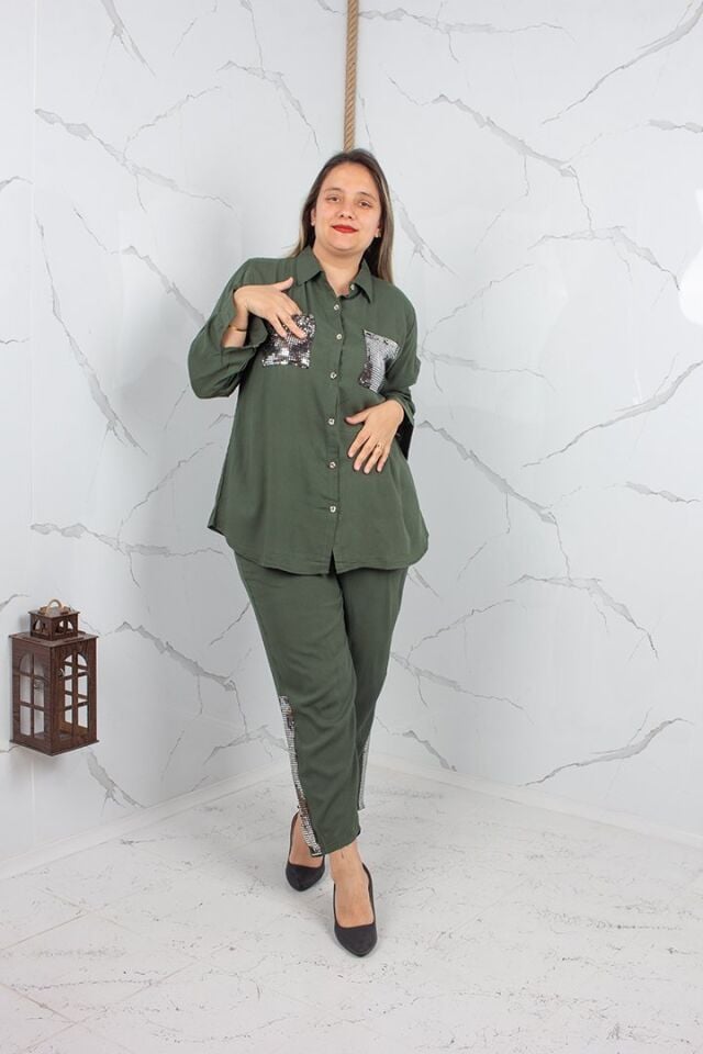 Büyük Beden Payetli Viskon Gömlek Pantolon Takım Haki Yeşil