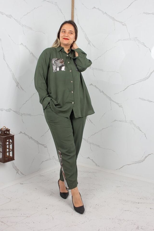 Büyük Beden Payetli Viskon Gömlek Pantolon Takım Haki Yeşil