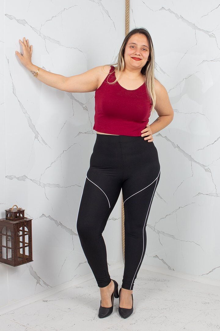 Siyah Biyeli Büyük Beden Yüksek Bel Toparlayıcı Tayt