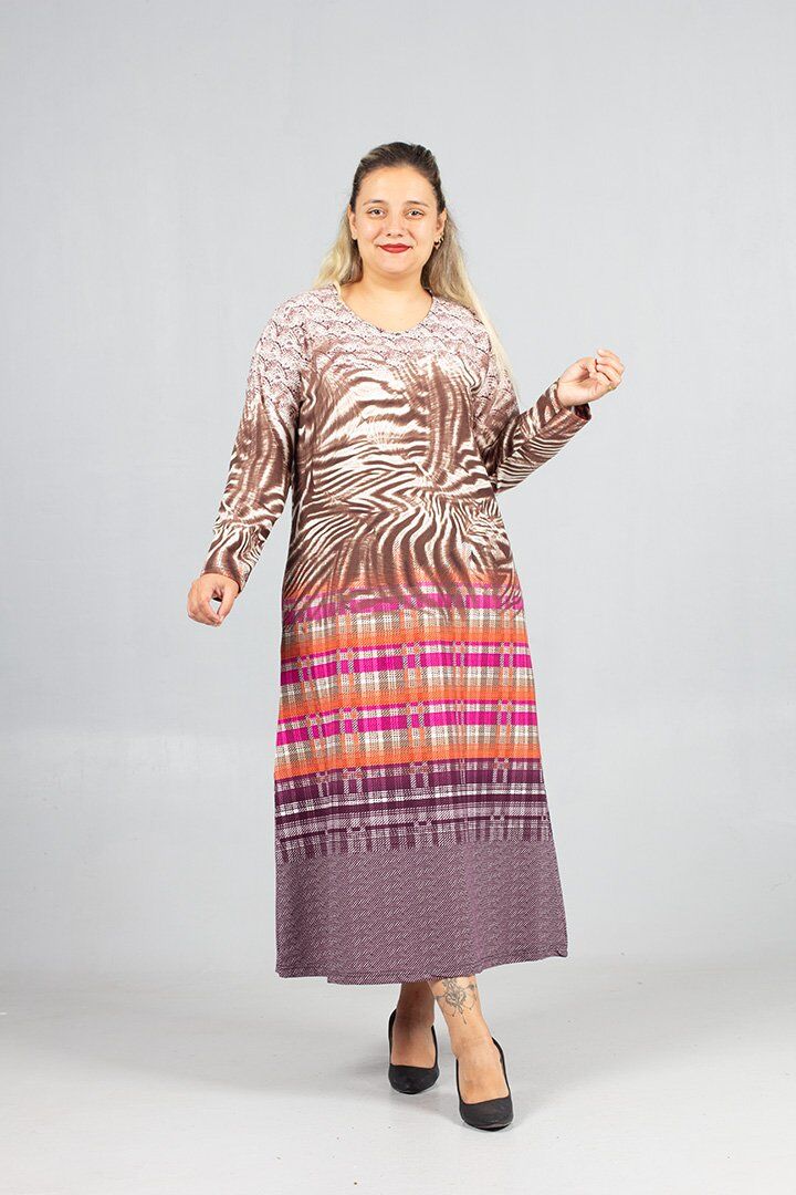 Sıcak Tutan Kalın Penye Büyük Beden Desenli Elbise Kışlık Rahat Şık