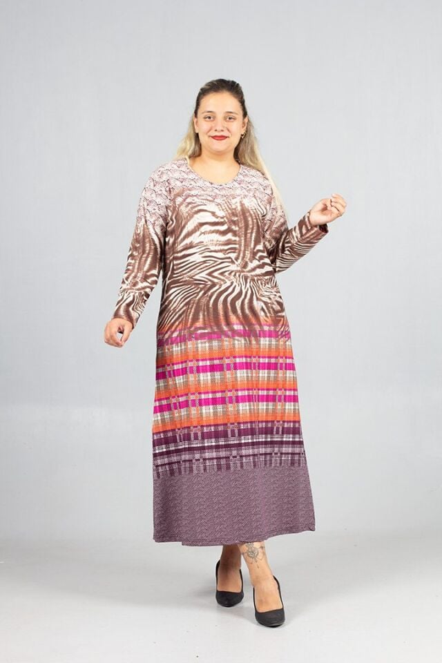 Sıcak Tutan Kalın Penye Büyük Beden Desenli Elbise Kışlık Rahat Şık