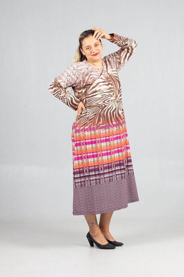 Sıcak Tutan Kalın Penye Büyük Beden Desenli Elbise Kışlık Rahat Şık