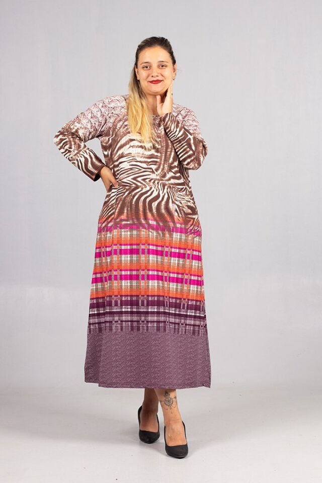 Sıcak Tutan Kalın Penye Büyük Beden Desenli Elbise Kışlık Rahat Şık