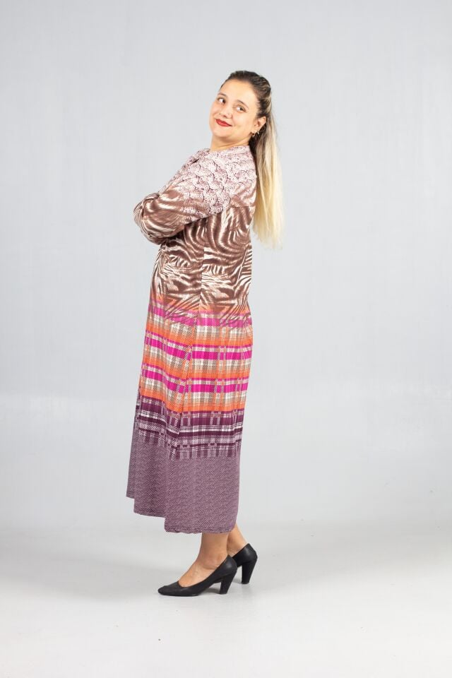 Sıcak Tutan Kalın Penye Büyük Beden Desenli Elbise Kışlık Rahat Şık