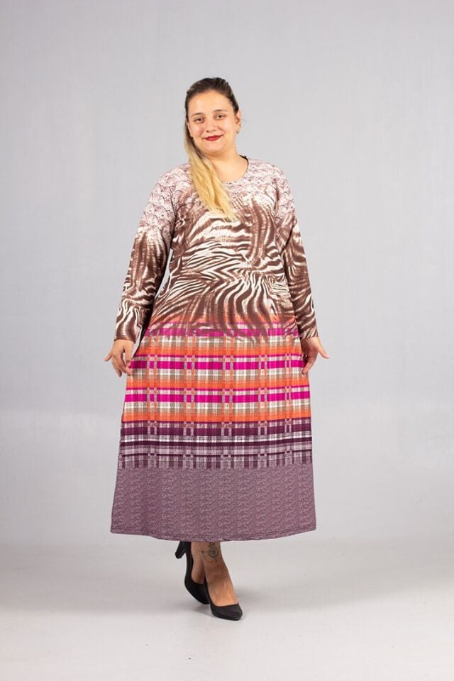 Sıcak Tutan Kalın Penye Büyük Beden Desenli Elbise Kışlık Rahat Şık